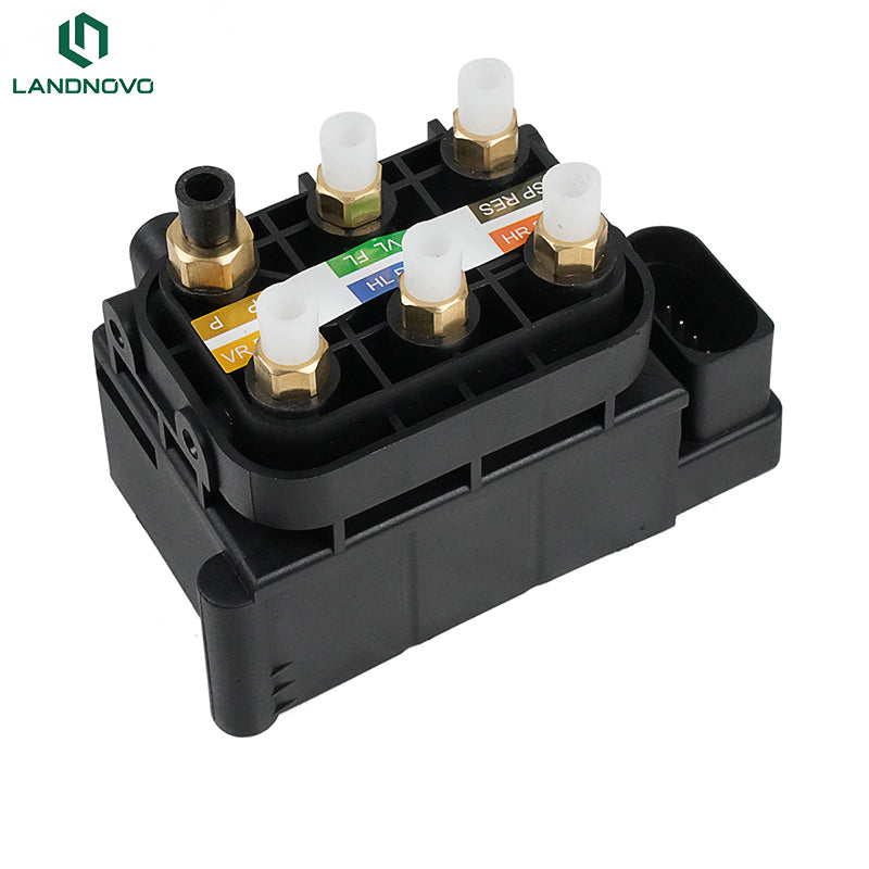 LANDNOVO 2123200358 air suspension valve block showing solenoid connectors and 10-terminal electrical connector for S-Class W221